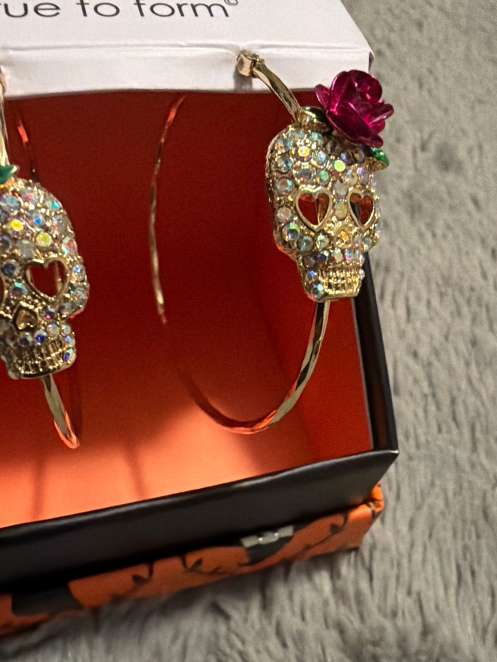 True to Form Gold Crystal Skull Hoop Earrings with Pink Rose - Picture 3 of 4